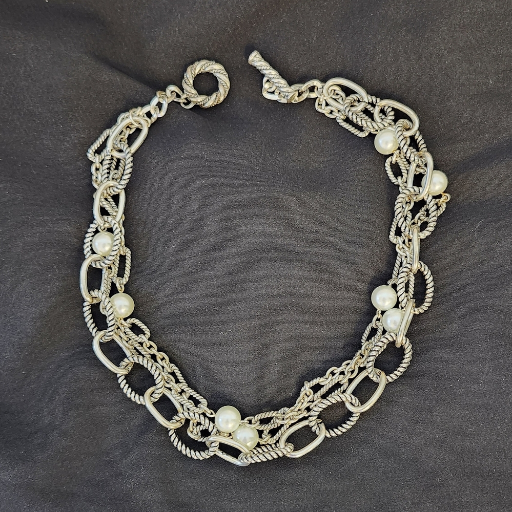 Premier Designs Silver Tone 3 Strand Faux Silver Pearls Necklace Circle Links